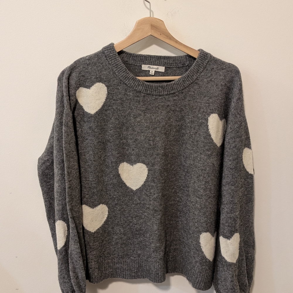 Madewell Wool Blend Gray Heart Pattern Crewneck Oversized Sweater Size XS